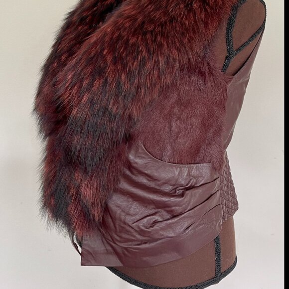 NWOT Burgundy Brown Leather Vest Real Fox Fur S size - Picture 12 of 16
